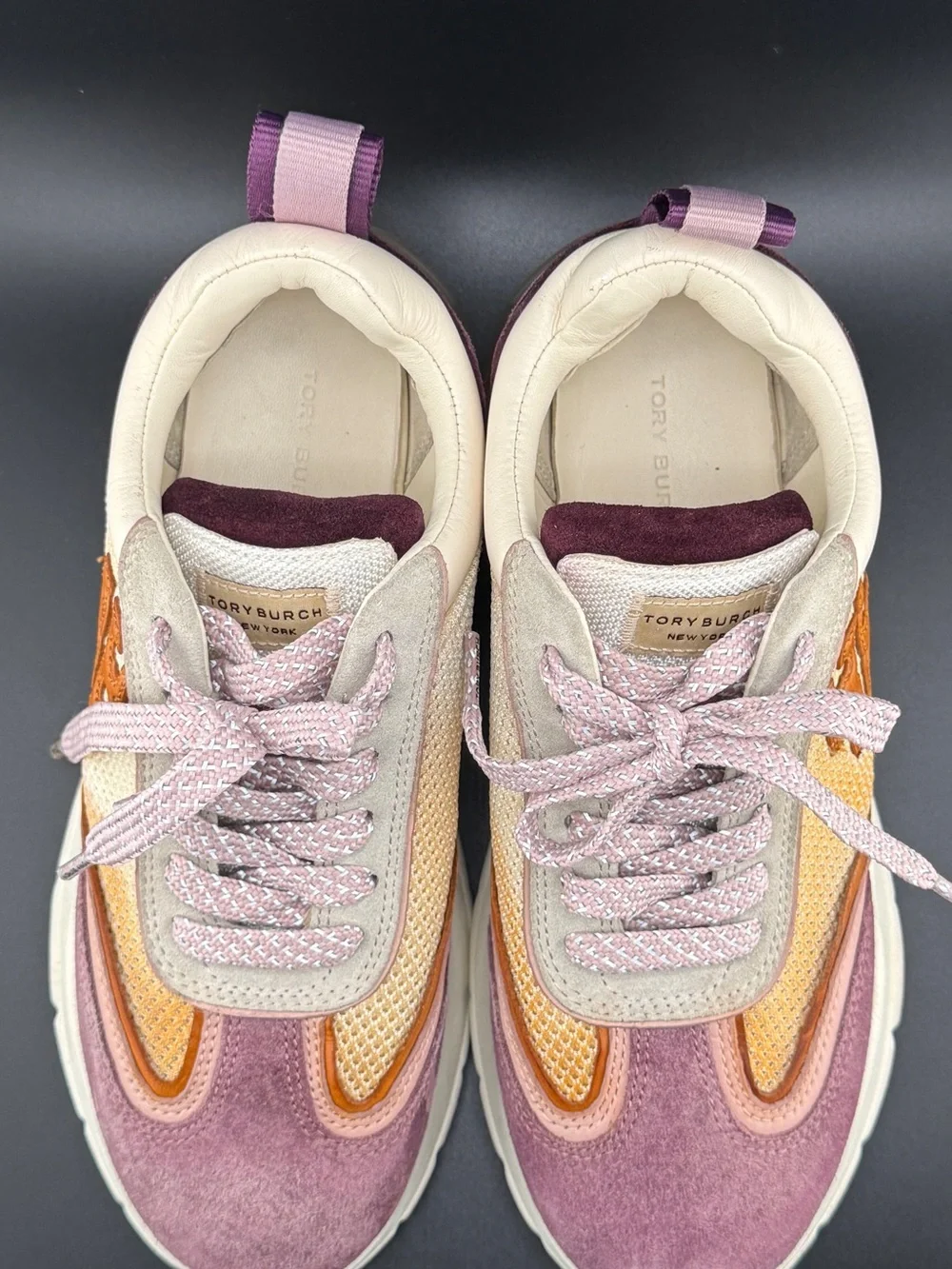 Tory Burch Good Luck Bubble Trainer Suede Sneakers Cream Arancio Purple Size 6
